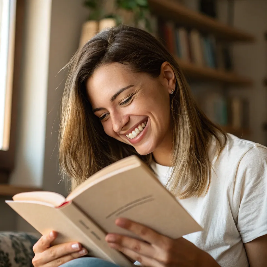 A happy reader holding a book