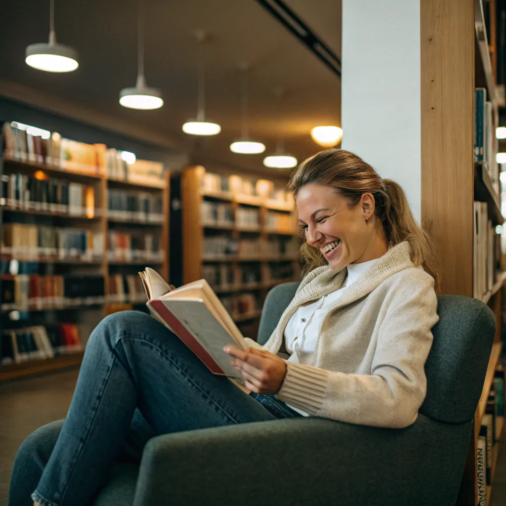 Smiling book fan in a library