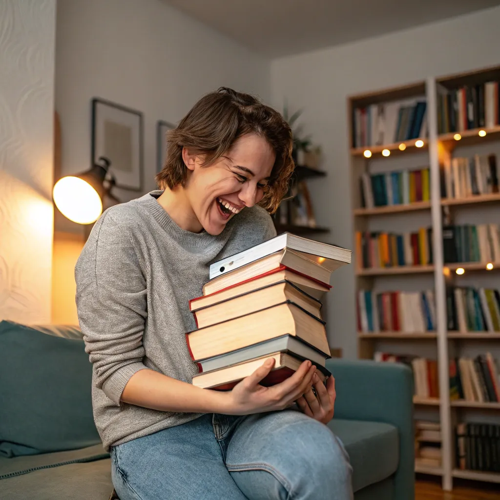 Enthusiastic reader with books stacked